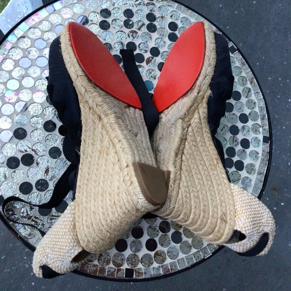 Christian Louboutin Black and Navy Espadrille Wedge Ankle Wrap Ribbon Sandals